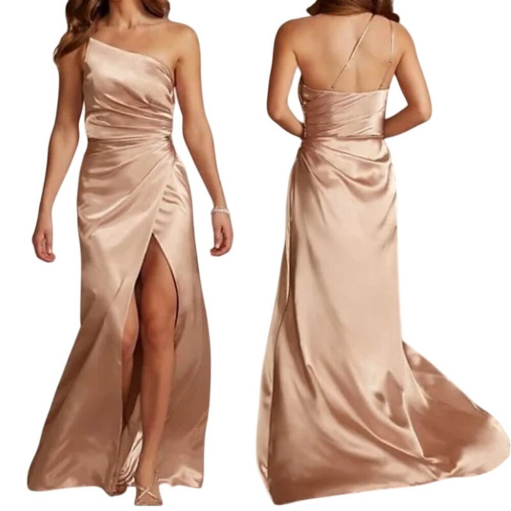 One-Shoulder Champagne Satin Maxi Dress